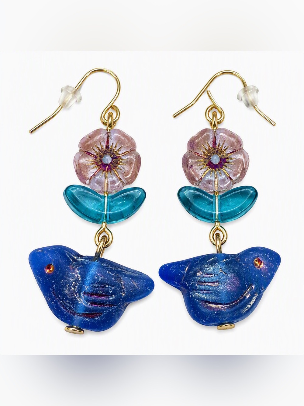 Handmade Glass Flower & Blue Bird Dangle Earrings Cottagecore Boho